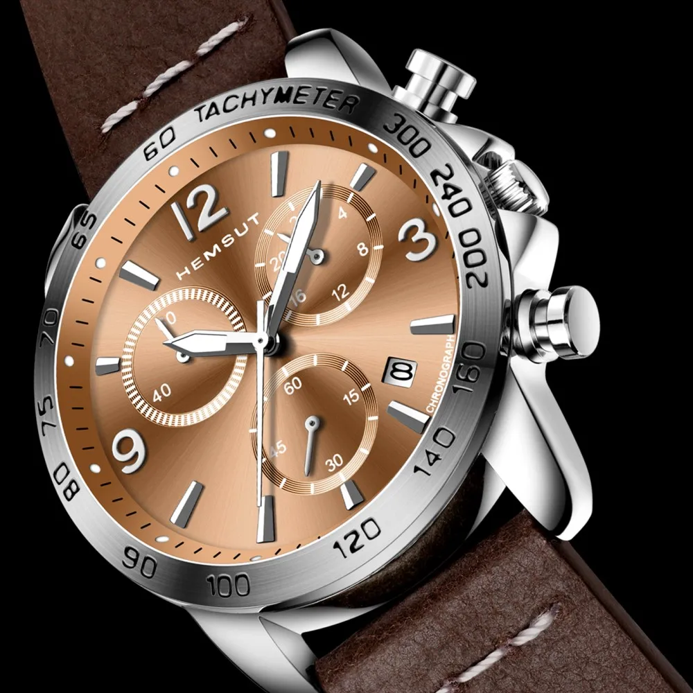 Новые мужские часы HEMSUT с хронографом черные ремешком из натуральной кожи