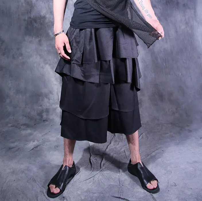 Summer new arrival 2020 black drawstring ruched culottes skirt pants mens vintage boot cut men casual pants male loose trousers