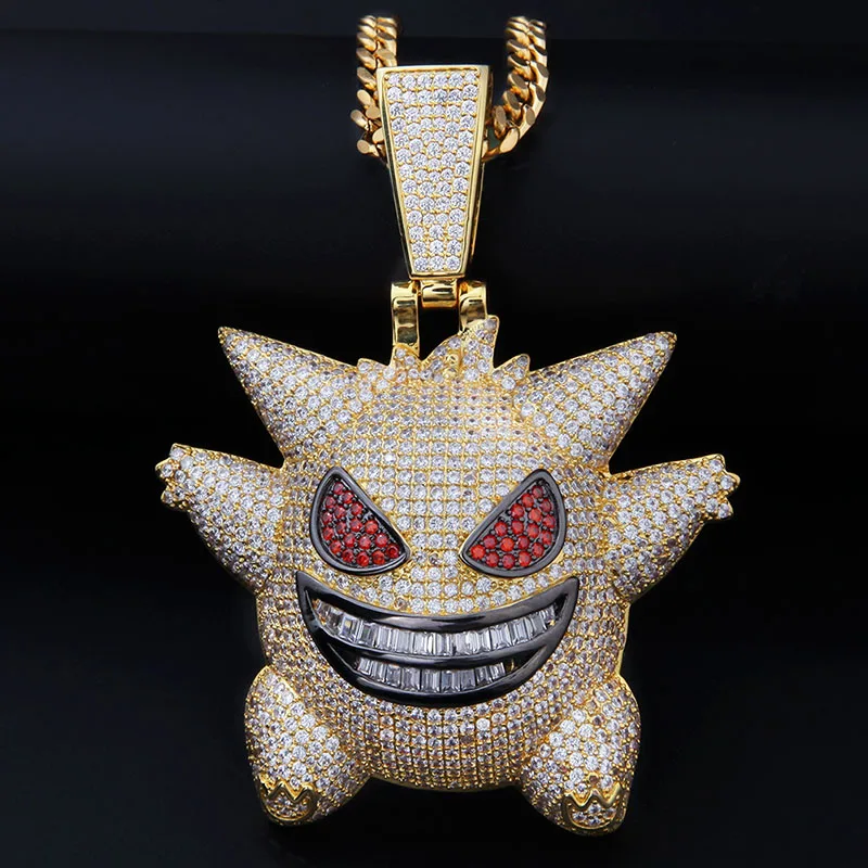 Новое поступление розовая большая маска покемона Gengar кулон ожерелье для мужчин хип хоп AAA CZ Циркон Bling Ice Out Rapper ювелирные изделия 2" кубинская цепь