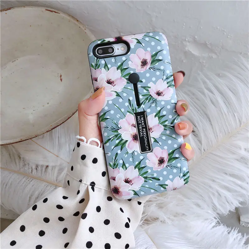 C Чехол для телефона с петельным кольцом для Apple iPhone 11 Pro XS Max XR X 6 6S 7 8 Plus, Модный чехол-подставка с цветами и листьями - Цвет: C