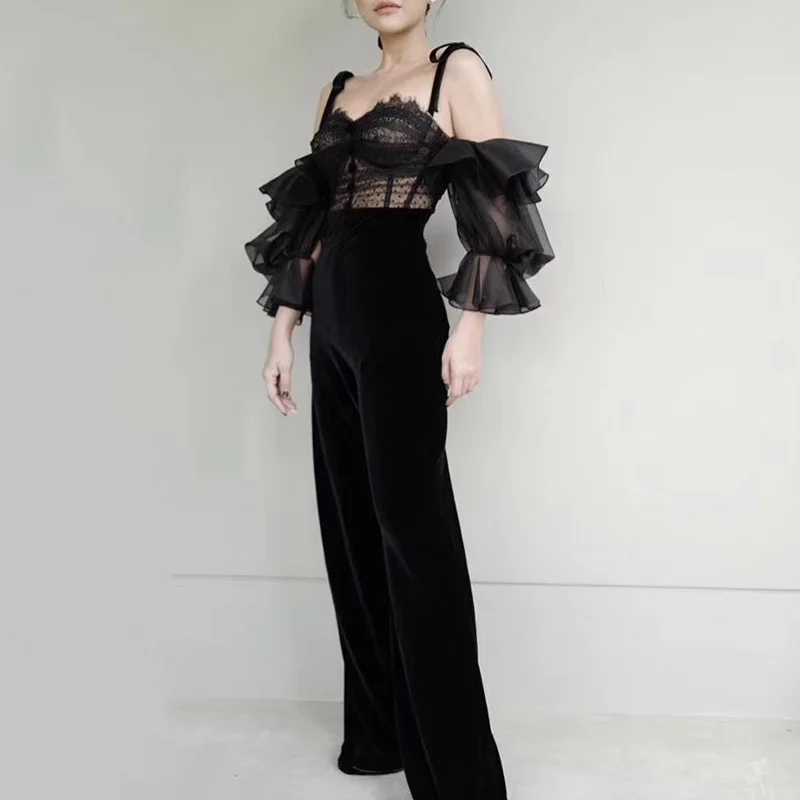 TWOTWINSTYLE, сексуальные женские костюмы, кружевные, с пышными рукавами, с перспективными ремешками, топы с высокой талией, широкие штаны, комплект из двух предметов, женский,, новинка