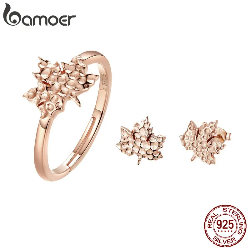 BAMOER, настоящее 925 пробы, серебро, кленовые листья, лист, кольцо, чистый Фианит, серьги-гвоздики, Женский комплект украшений, серебро 925, ювелирное изделие, ZHS077