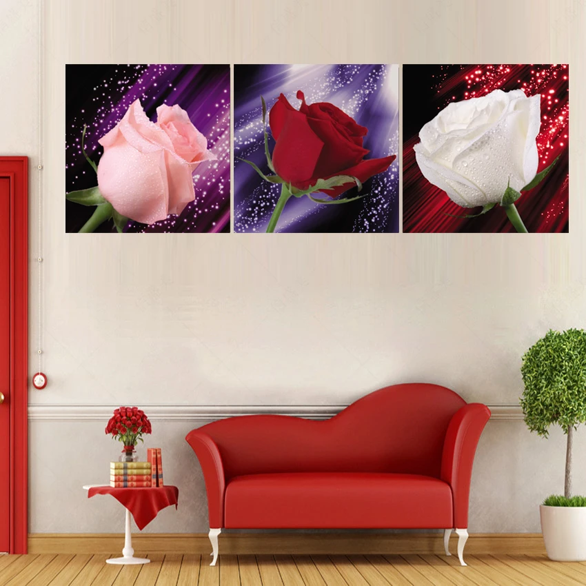 Картина маслом цветка 3 шт Холст Искусство современные красные розы украшение