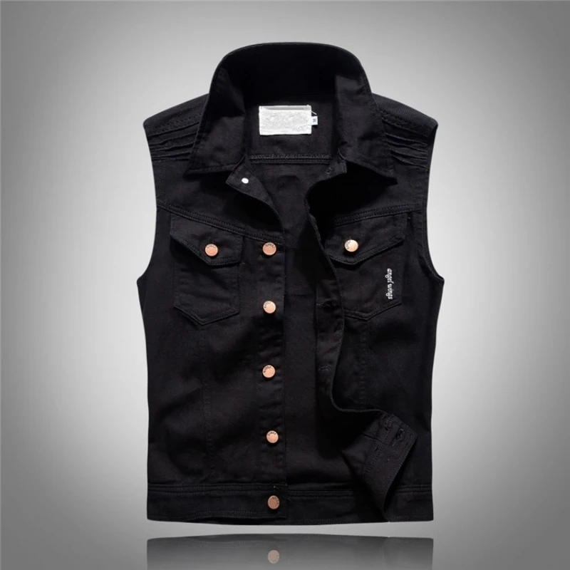 

Slim Fit Men Print Denim Vest Vintage Black White Sleeveless Jacket Casual Single Breasted Cowboy Biker Vest Outwear Male