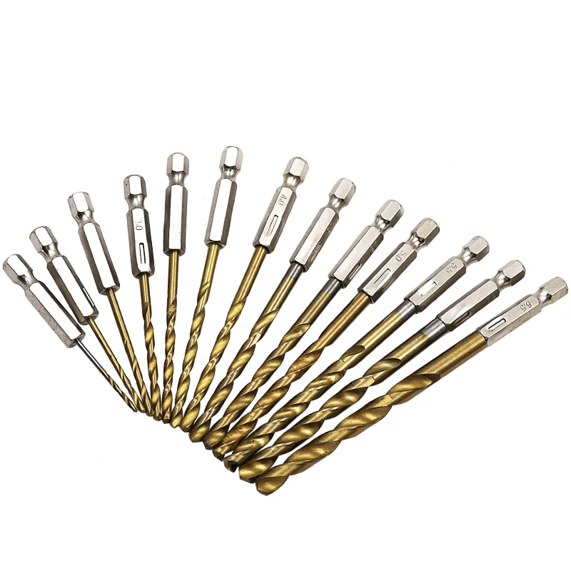 

13pcs/lot HSS High Speed Steel Titanium Coated Drill Bit Set 1/4 Hex Shank 1.5-6.5mm