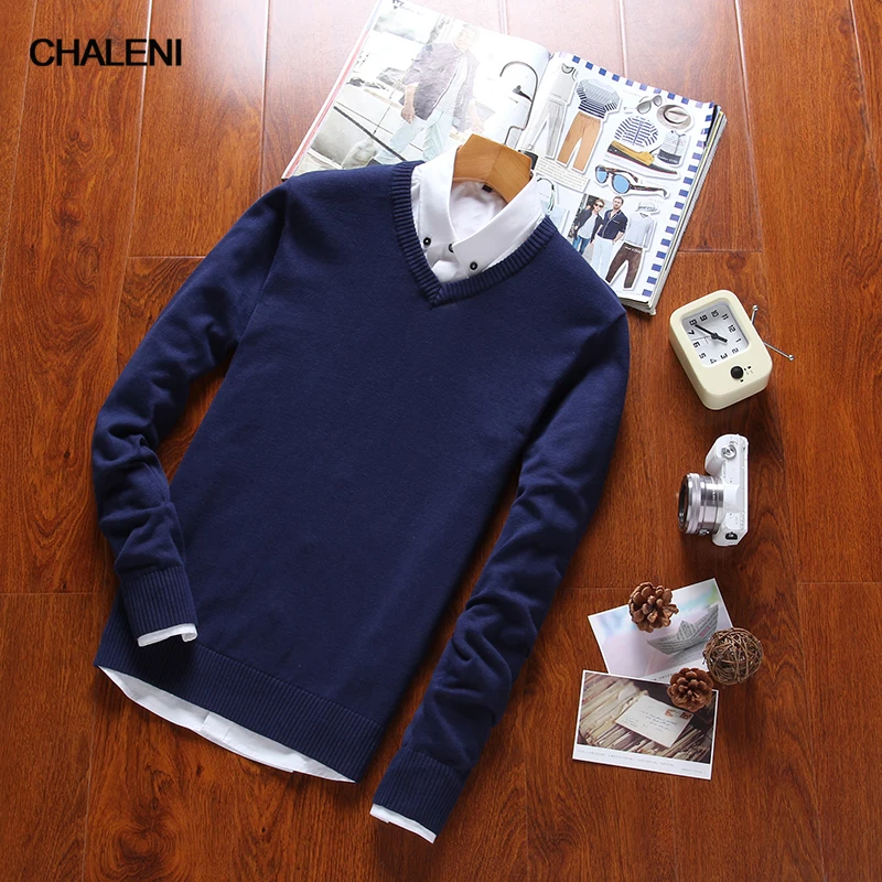 Классический мужской свитер в японском стиле с v-образным вырезом и длинными