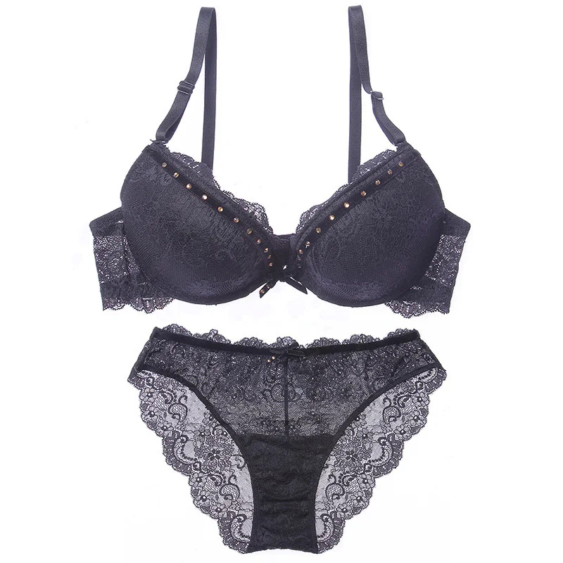 BLACK Set Lilymoda, сексуальные кружевные бюстгальтеры для бюстгальтера с глубоким v-образным вырезом, сексуальный однотонный бюстгальтер без косточек, супер роскошный кружевной бюстгальтер с эффектом пуш-ап для девушек, чашечки B C, новинка - Цвет: BLACK Set