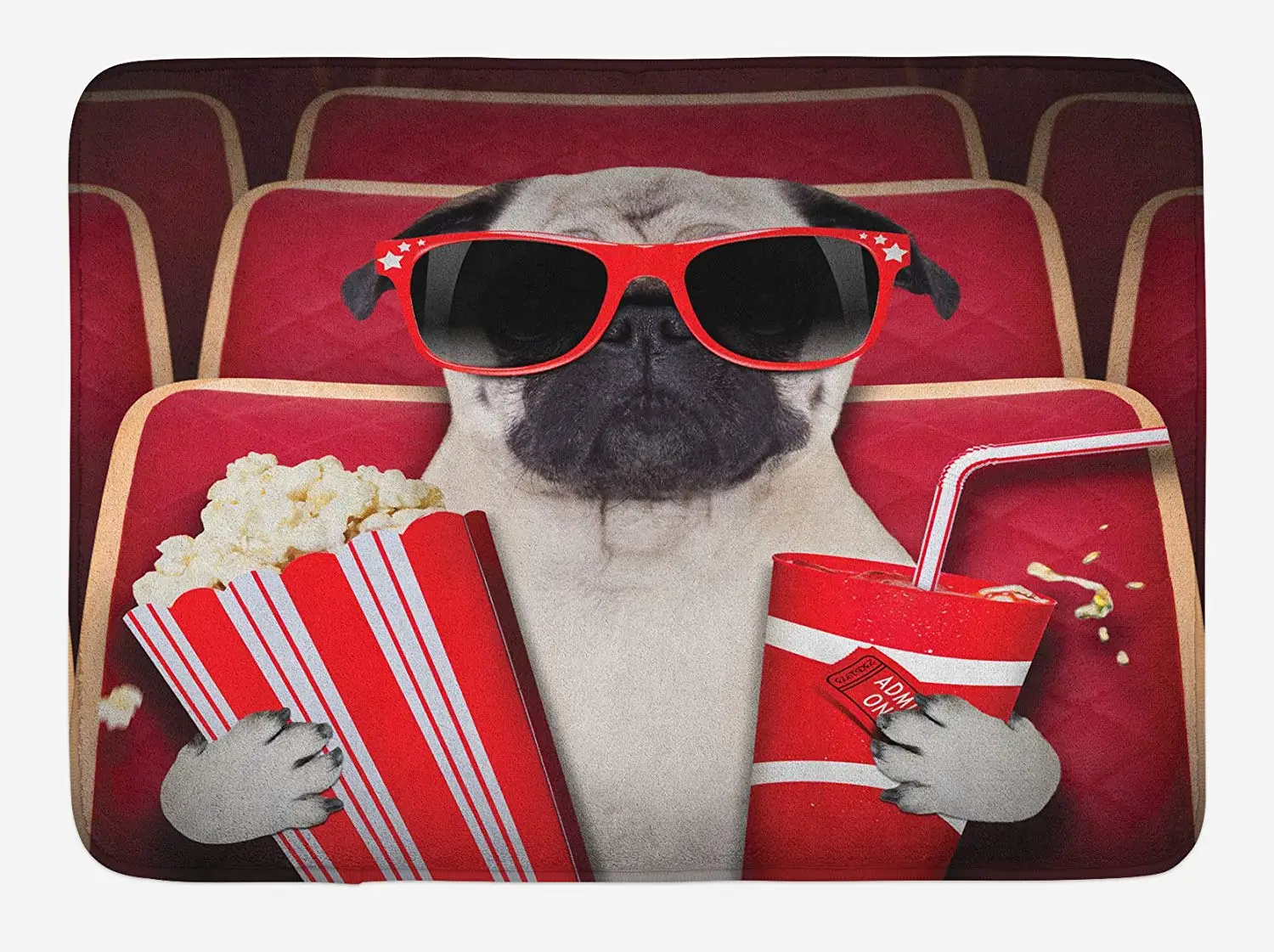 Pug Bath Mat Funny Dog Watching Movie Popcorn Soft Drink and Glasses Animal Photograph Print Plush Bathroom | Дом и сад