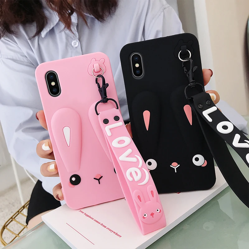 Модный очаровательный чехол для iPhone XS XR XS Max X I8 I8 Plus i6 i6S безопасный силиконовый чехол-кролик с милым коротким+ длинным шнурком