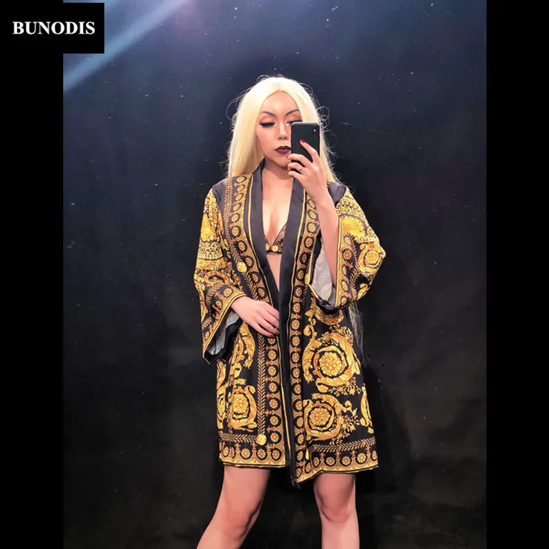 BU187 золото с цветочным принтом бикини + пальто для женщин пикантные Bling костюмы
