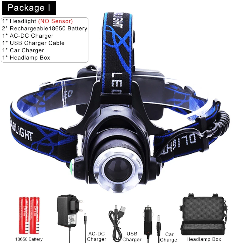 Package I 15000LM Montion сенсор светодиодный налобный фонарь T6/L2/V6 светодиодный налобный регулируемый светильник Головной фонарь Lanterna водонепроницаемая лампа для кемпинга - Испускаемый цвет: Package I