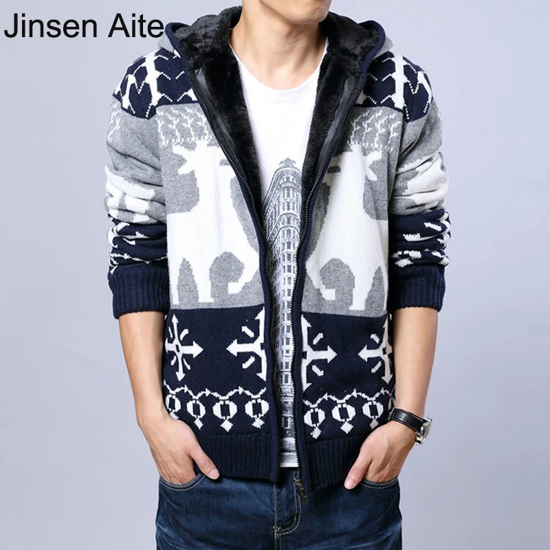 

Jinsen Aite New Pull Homme Fashion Winter Wool Liner Warm Thick Knitting Men Jacket Sweater Christmas Deer Hooded Cardigan JS411