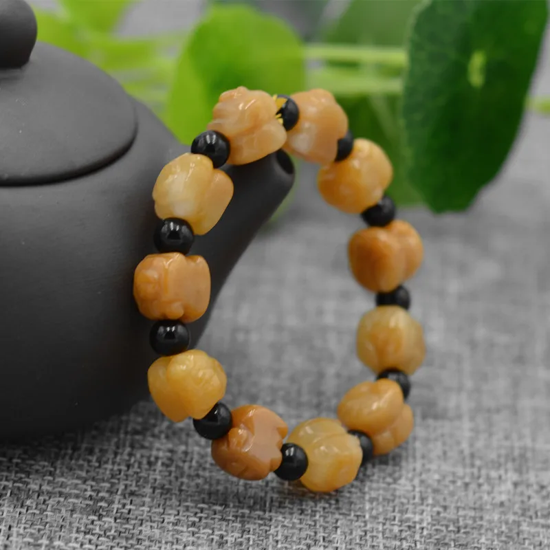 

Natural Yellow Quartzite Stone Bracelet Hand-Carved Zodiac Pig Black Round Beads Bangles Gift for Women Stone Jades Jewelry