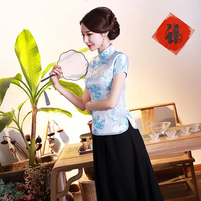 light blue flower Дракон феникс Китайская национальная женская блузка Новая повседневная летняя рубашка с коротким рукавом топы традиционная одежда с воротником-стойкой - Цвет: light blue flower