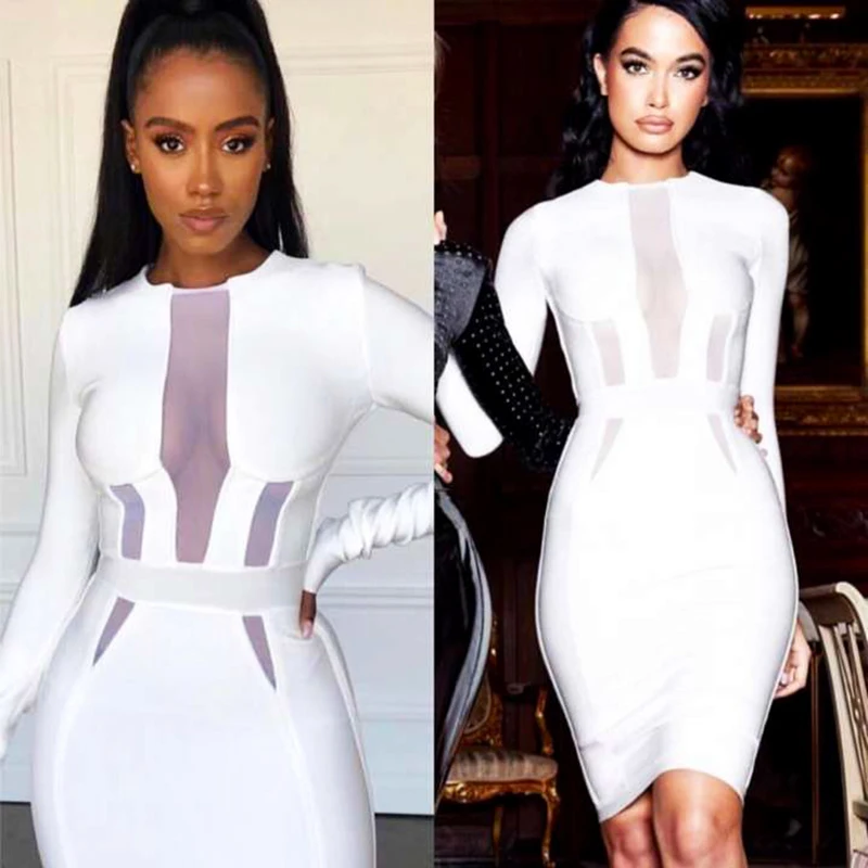 Новинка 2019 зимнее женское Бандажное платье сексуальное Белое Сетчатое средней