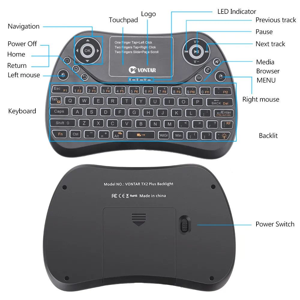 VONTAR TX2 Plus Air mouse QWTREY Клавиатура 2,4 ГГц Беспроводная Мини Клавиатура Тачпад Fly mouse с подсветкой для Android tv BOX X96 mini