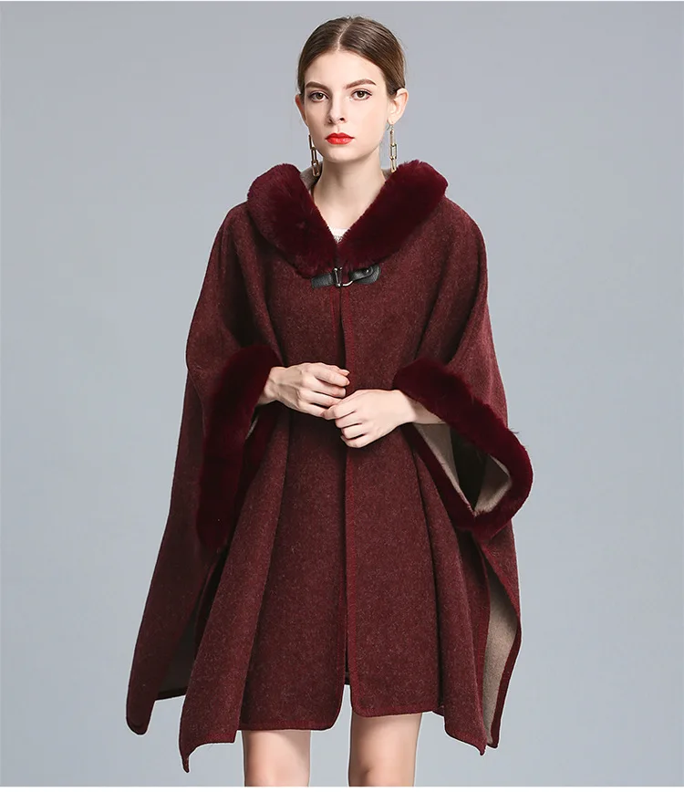 wine red Роскошная Новая накидка в западном стиле из кроличьего меха с капюшоном, плащ, пальто, пончо, шаль из пашмины, женское осенне-зимнее свободное меховое пальто - Цвет: wine red