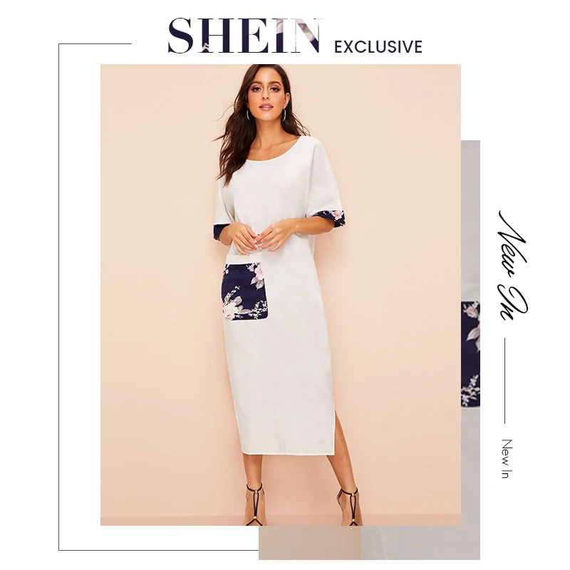 SHEIN Платье С Карманом, Разрезом И Цветочным Принтом Женское Белое Платье С Средним Рукавом