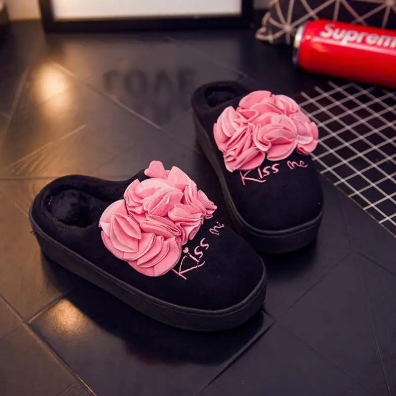 Хлопковые тапочки милые зимние домашние с цветочным принтом нескользящая обувь