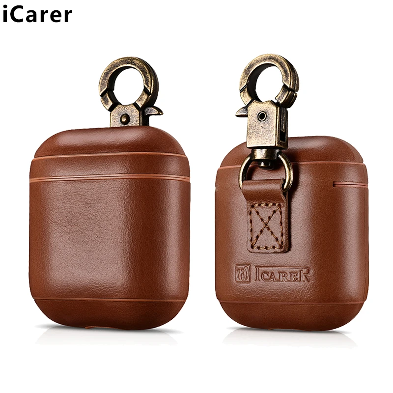ICarer для Apple iPhone AirPods чехол Роскошный милый тонкий винтажный из натуральной кожи жесткий пластиковый Полный чехол защитный чехол с крючком