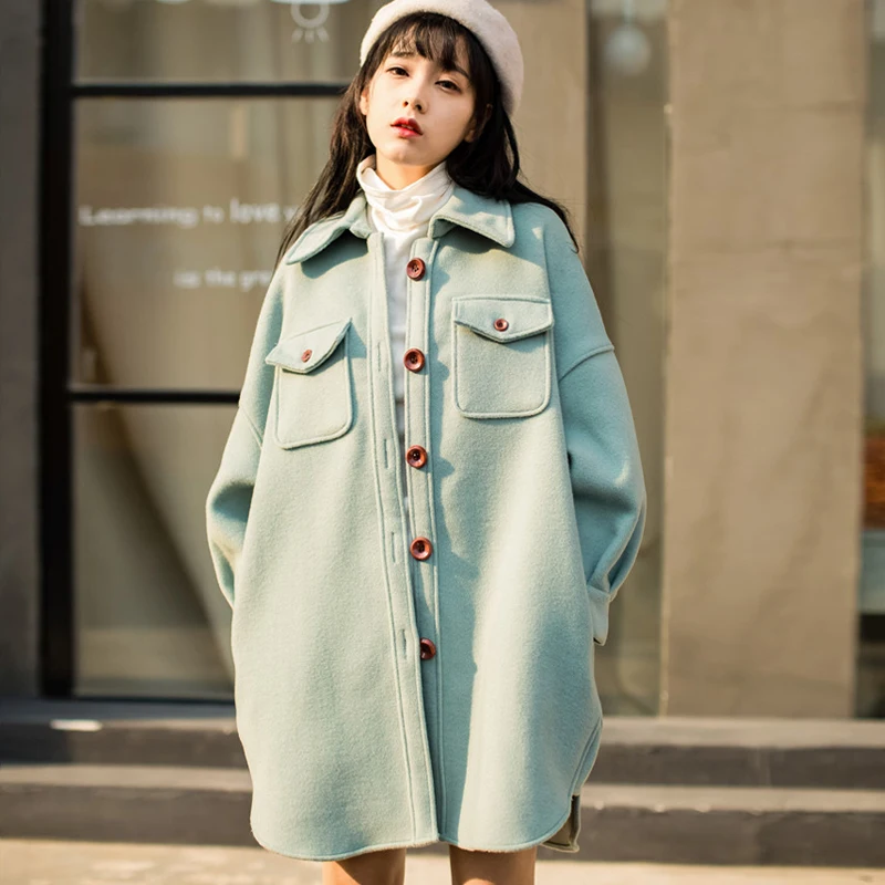 

HanOrange Autumn New Cocoon Woolen Coat Female Single Breasted Korean Version Women Long Woolen Coat