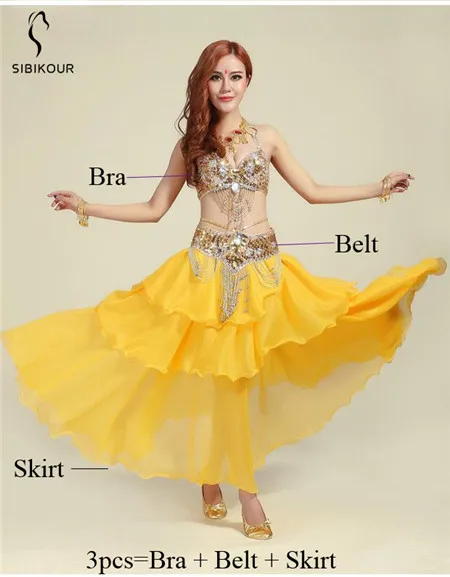 Yellow 3pcs Женский сексуальный танец живота костюм танец живота Болливуд юбка Болливуд Восточный костюм бюстгальтер пояс Египетский танец одежда - Цвет: Yellow 3pcs