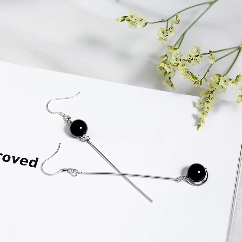 Реальные 925 стерлингового серебра серьги в виде капель с черного шара камень агат