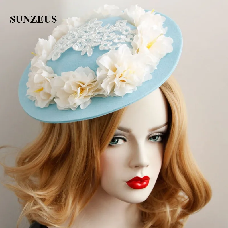 Blue Hat with Artificial Flowers Charming Bridal Wedding Hats Elegant Lace Holloween Party Girls Hair Accessories SH09 | Свадьбы и