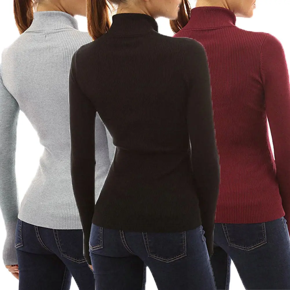 

2018 Autumn Winter Women Casual Knitted Slim Fit Button Pockets Sweater Long Sleeve Turtleneck Pullovers Tops Outwear