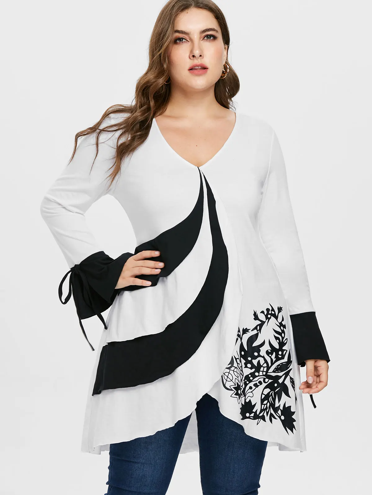 Wipalo Plus Size 5XL Two Tone V Neck Flare Sleeve T Shirt Casual Print Overlap Tunic Tee Empire Waist Autumn Women Top|Футболки| |