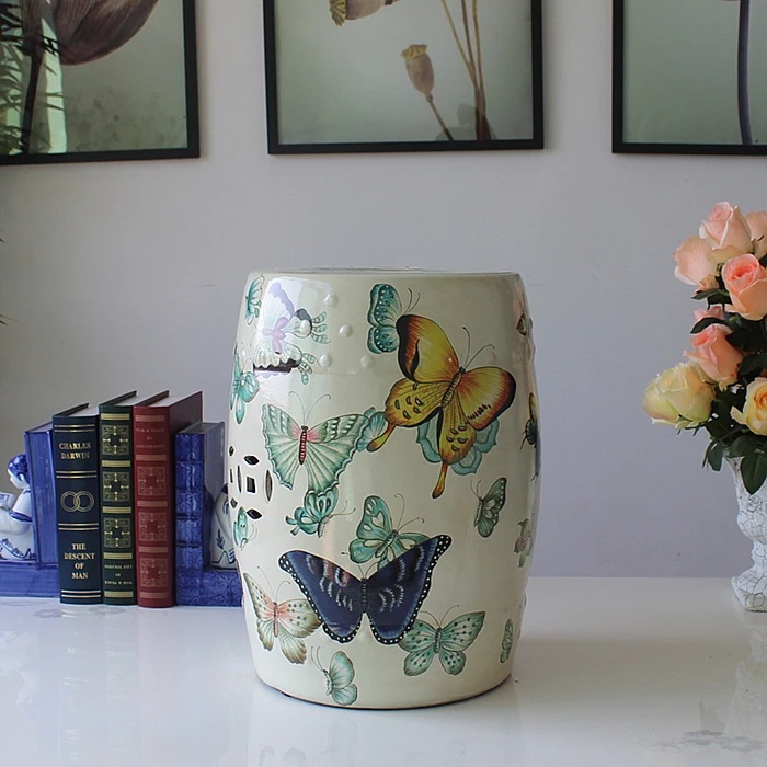 

Beautiful modern ceramic butterfly decoration white stool for indoor decoration