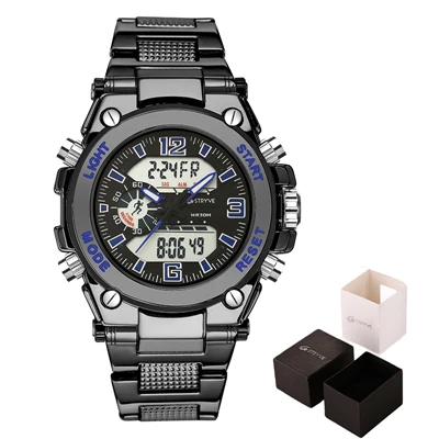 blue with box Stryve 8014 мужские спортивные часы, военные, 12/24 часов, электронные часы, кварцевые, цифровые, из нержавеющей стали, роскошные часы horloges mannen - Цвет: blue with box