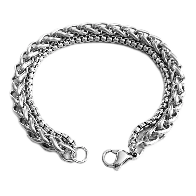 Unique Men's Bracelet Double Chain Bracelet Silver Stainless Steel Wheat Box Chain Link Bracelets Male Jewelry Dropshipping