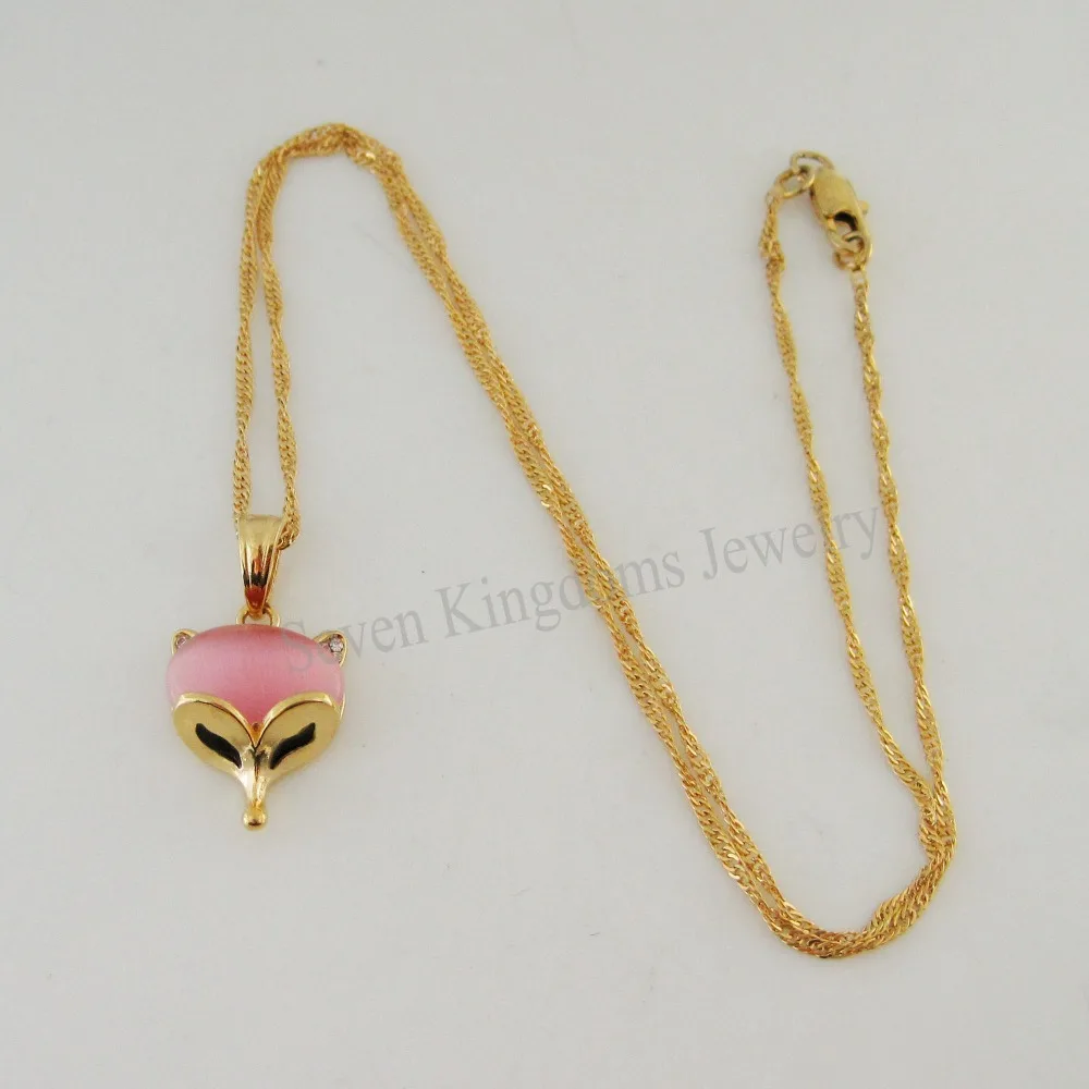 Min Order 10$ Can mix design/- YELLOW GOLD GP 18.5&quot NECKLACE &amp FOX FACE PINK/WHITE CAT EYE CZ STONE PENDANT | Украшения и