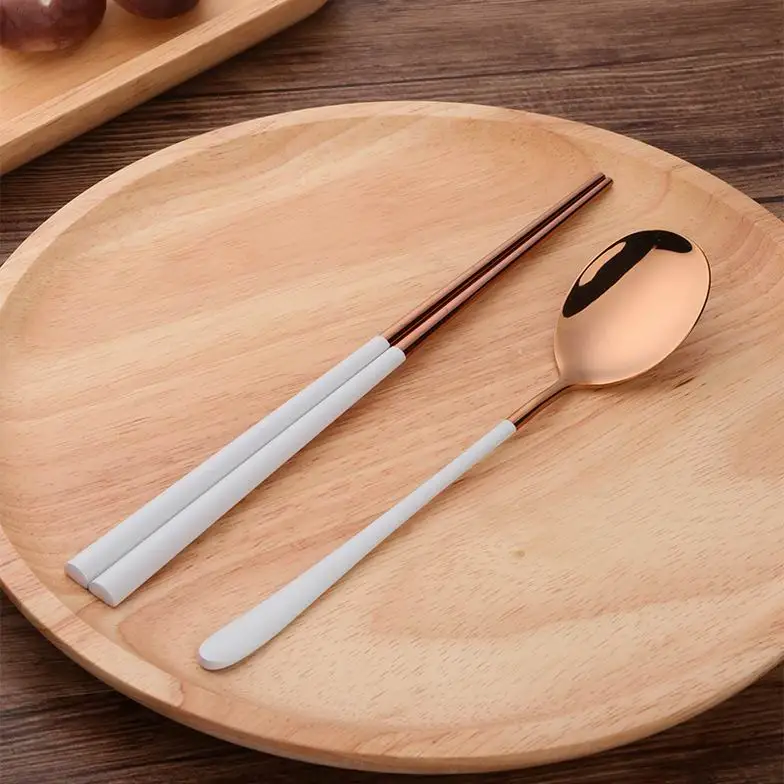 2 White RoseGold Set 304 корейские палочки из нержавеющей стали набор ложек многоразовые черные белые Хаши палочки для суши кухонные аксессуары - Цвет: 2 White RoseGold Set