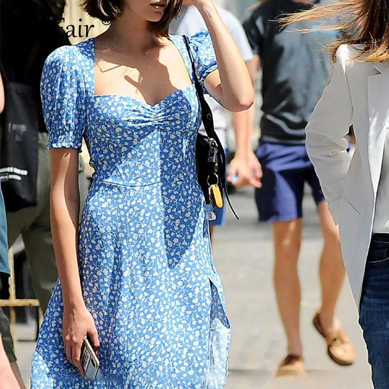 Женское платье с рукавом фонариком Forefair светло синее винтажное средней длины