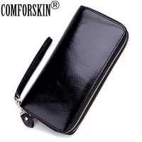 comforskin 2020 luxurious 100 brand genuine oil wax leather double zipper womens purse large capacity wallets carteras mujer