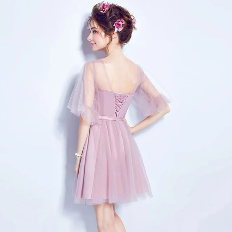 2016 очаровательный розовый шифон короткие линии половина рукава scoop шеи длиной до