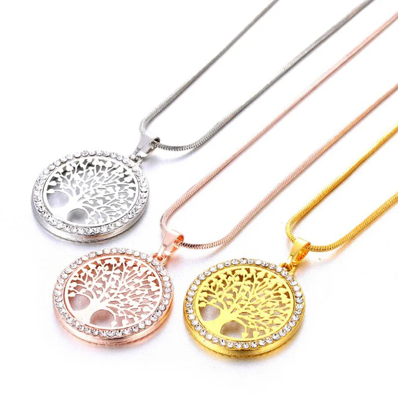 Новая Мода Древо жизни круглый кристалл ожерелья для женщин Цвет золотистый