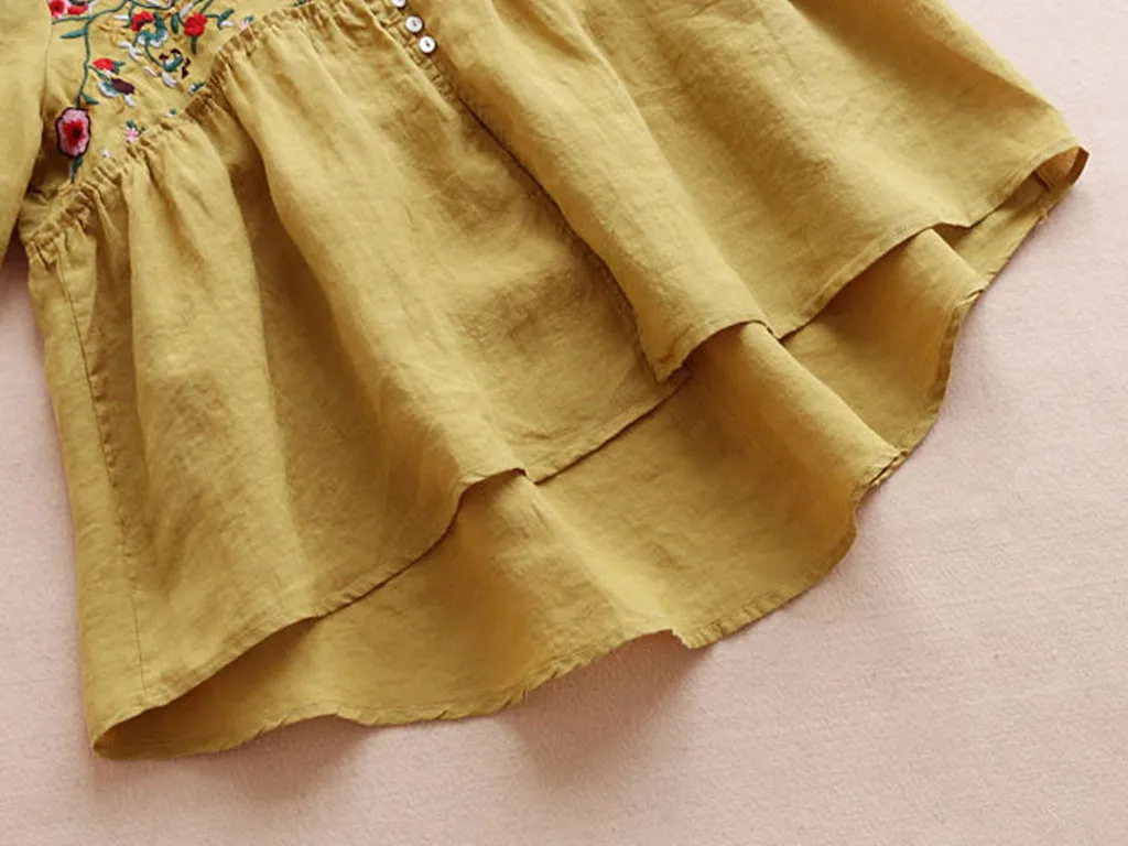 Блузка женская с цветочной вышивкой удобная рубашка из хлопка и льна в