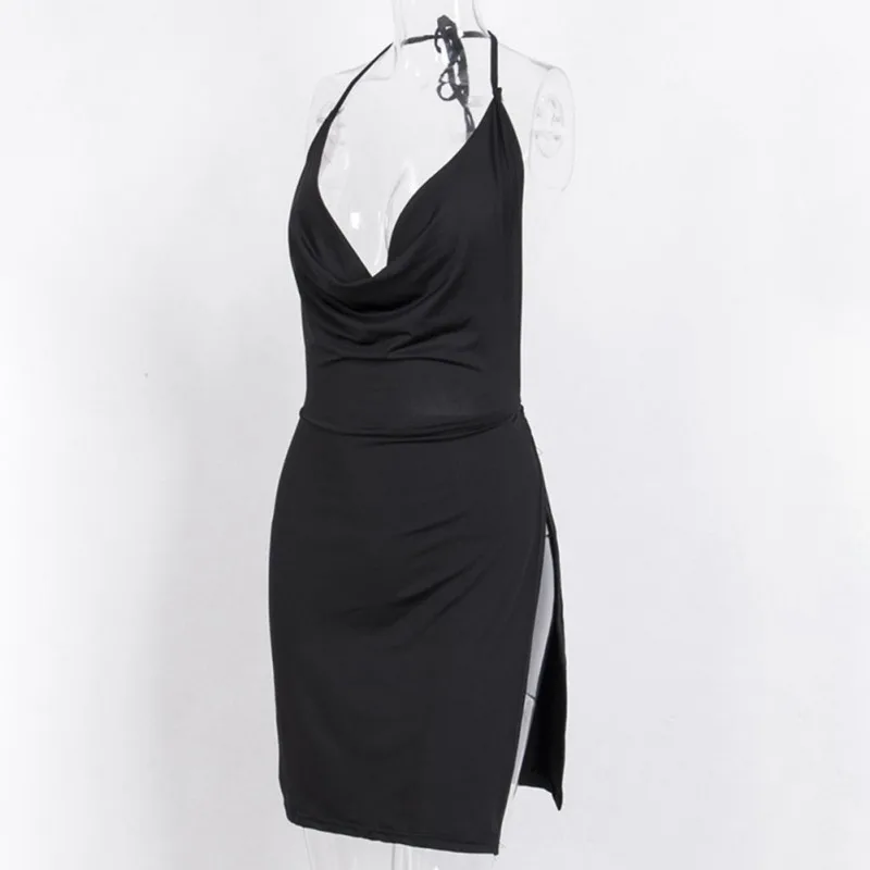 

Sexy Summer Solid Backless Strap Dress Side Open Deep V Neck Halter Sexy Dress Nightclub Mini Dress