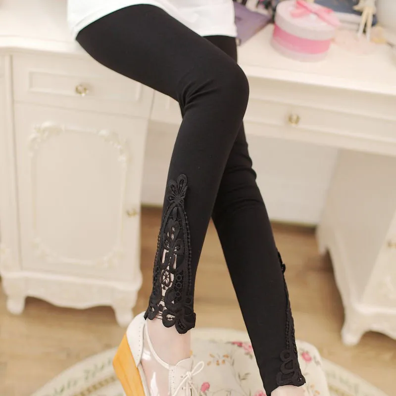 

Women New Fashion Lace Floral Leggings Solid Color Women's Stretchy Skinny Leggings Pants Cotton High Waist Bandage Leggings