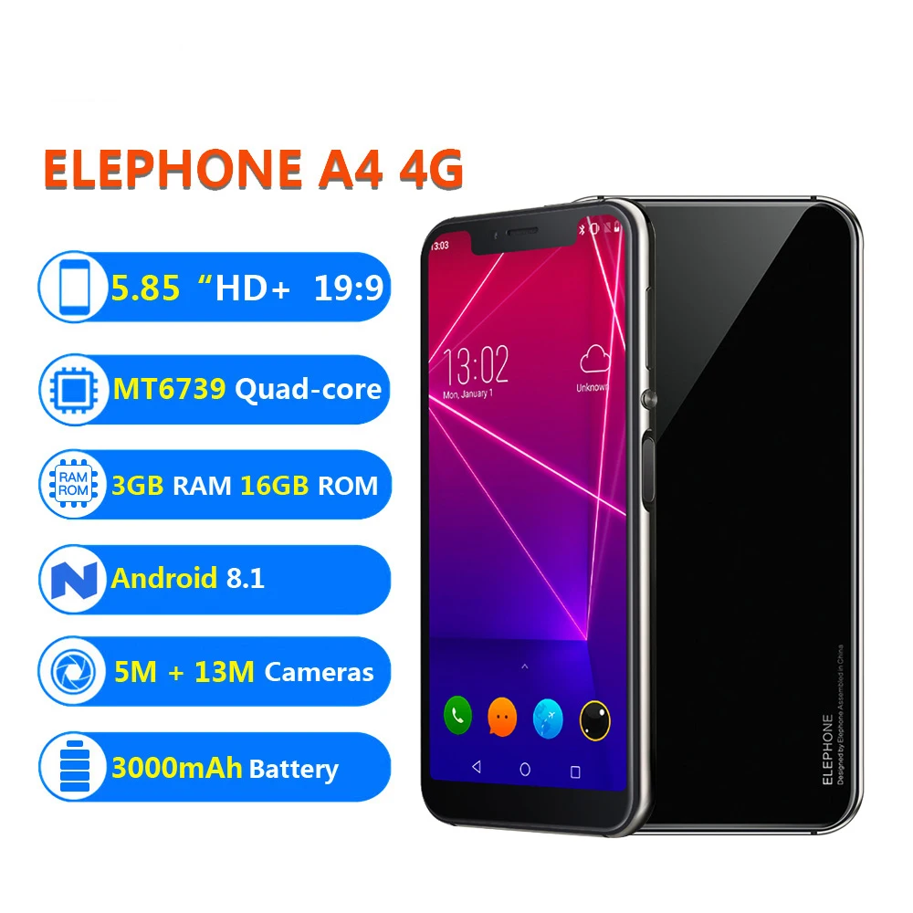 ELEPHONE A4 5 85 ཎ:9 HD + экран 3 ГБ ОЗУ 16 Гб ПЗУ Смартфон Android 8 1 MT6739 четырехъядерный Мп 3000