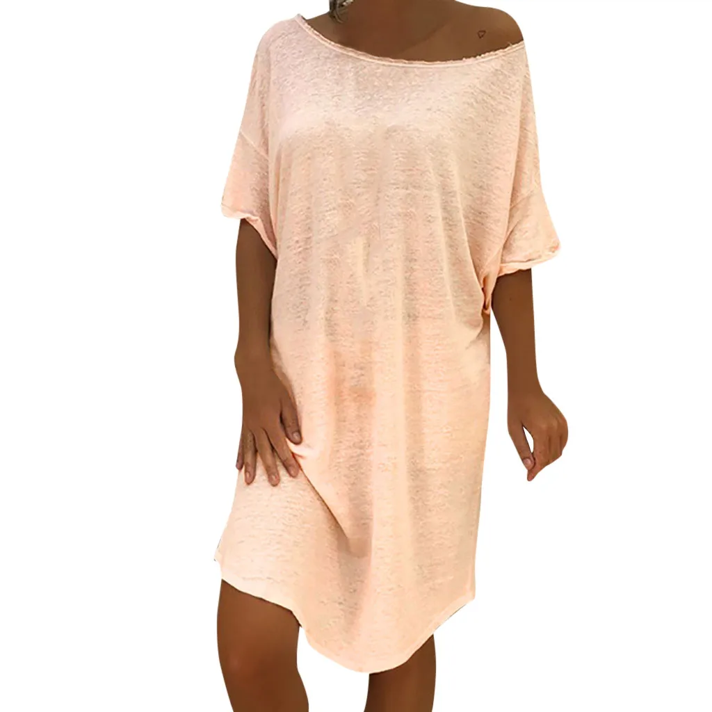 Pink Feitong четыре цвета! S-4XL, Новое поступление, женское повседневное однотонное платье выше колена с круглым вырезом, свободные вечерние мини-платья с рукавами, Vestido@ 17 - Цвет: Pink