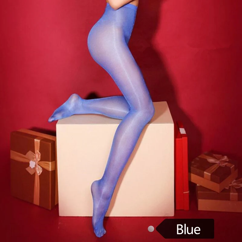 Blue 20D тонкие прозрачные масляные блестящие колготки женские сексуальные чулки с открытой промежностью блестящие колготки с завышенной талией 10 цветов на выбор - Цвет: Blue