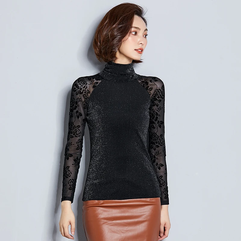 

Womens Mesh Blouses New 2018 Autumn Fashion Turtleneck Collar Ladies Tops Long Sleeve Shirt Black Streetwear Sexy Slim Clothes