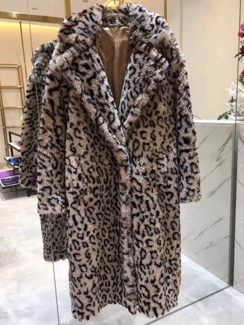 Leopard print Новинка, Женское пальто из натуральной шерсти, модное Стильное зимнее толстое теплое длинное пальто, натуральный мех, верхняя одежда S7480 - Цвет: Leopard print