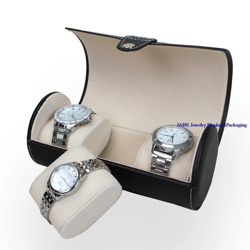 

Free Shipping 3 Slot Pillows Watch PU Leather Black Travel Roll Case Jewelry Storage Box Holder Organizer