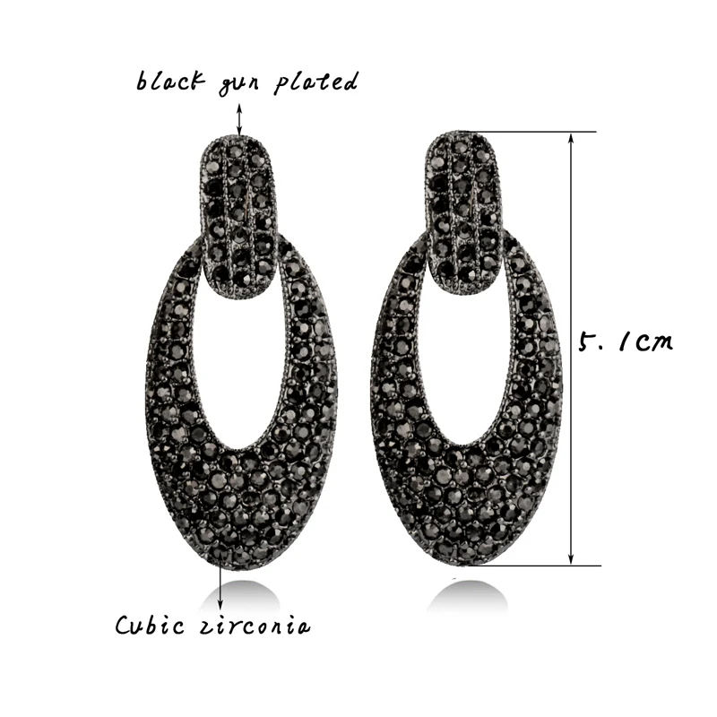 

SINLEERY Vintage Big Full Black Cubic Zirconia Hollow Oval Drop Earrings For Women Statement Earrings Retro Jewelry ES118 SSB