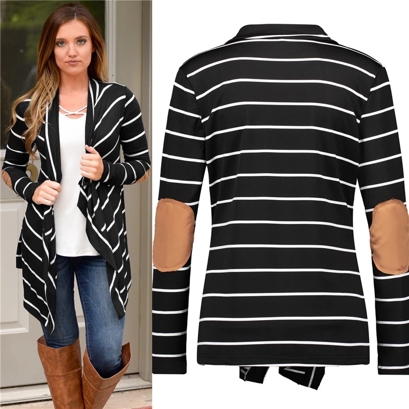 Casual Elbow Patchwork Knitted Sweater Fashion 2018 Autumn Winter Outerwear Women Long Sleeve Striped Printed Cardigan WLD338 |